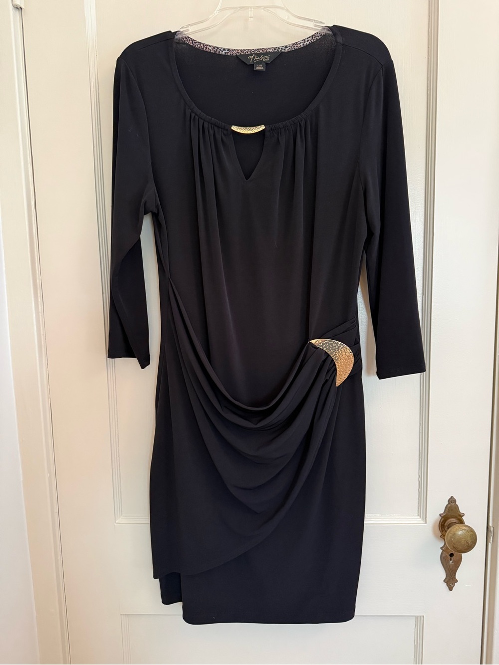 Thalia Sodi Black Long-Sleeve Draped Dress with Gold Accents